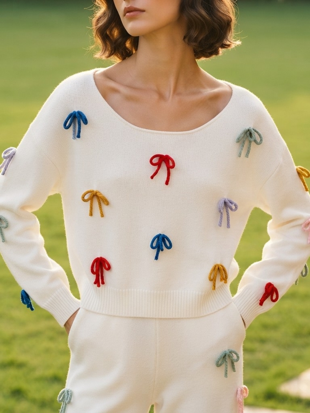 Luna Ivy White Bow Sweater Colorful Applique Yarn Bow Size Medium